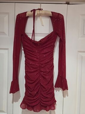Women’s Red Ruched Long Sleeve Mini Dress